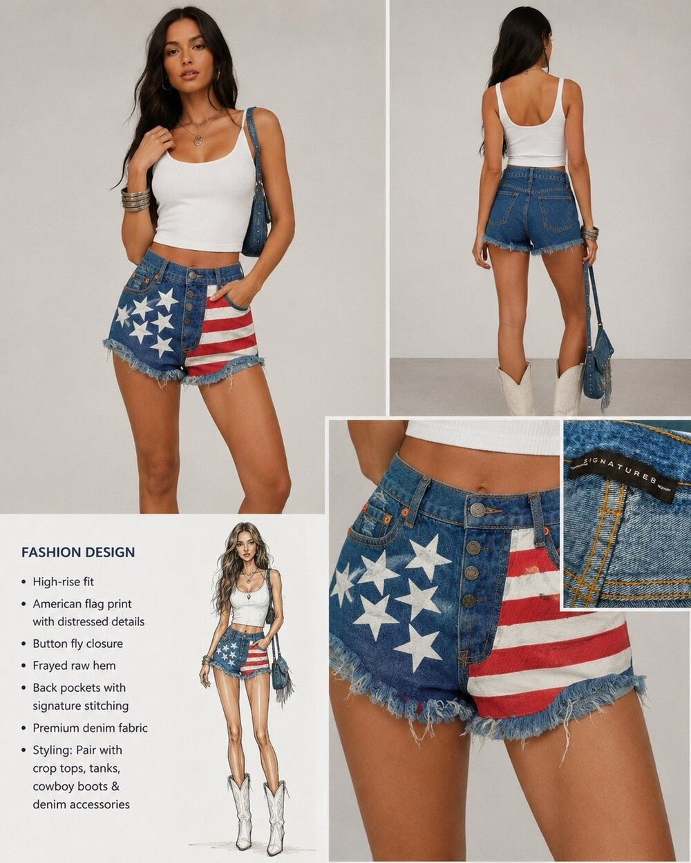 Signature8 | American Flag Stars Stripes Denim Jean Cut Off Fringe Shorts Sz M